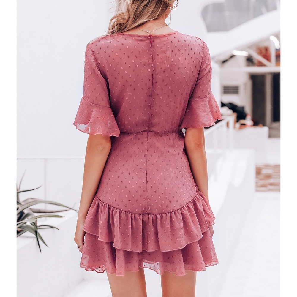 Berry Pink Swiss Dot Ruffle Flounce Hem Cute Dress - Picture 2 of 5